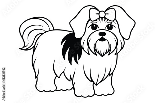 Line Art of Cute Cartoon Dog with Bow on White Background