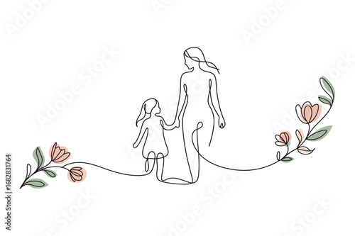 Mother and Child with Floral Design – Family Bond, Parenthood, Care Minimal Illustration