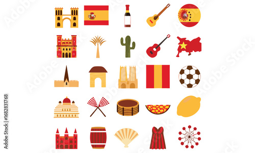 Spain Icons Set Flamenco, Guitar, Paella, Flag & Wine