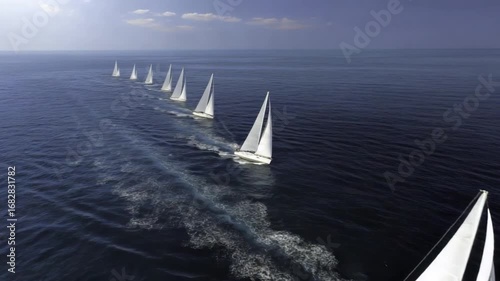 Sailing regatta event over open water aerial view of multiple boats dynamic racing environment