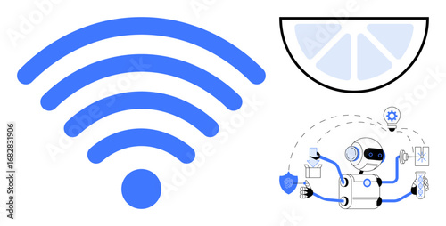 wireless signal, robot holding tech devices and ideas, smart automation, citrus slice as visual metaphor. Ideal for technology, robotics, AI systems, home automation, connectivity innovation