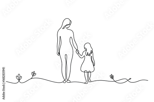 Mother and Child Walking Minimal Line Drawing – Family Love, Parenthood, Care Symbol