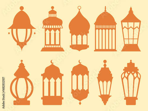 Set of ramadan Lampion vector illustration silhouette assets specific to Islamic culture with vintage and calm colors.