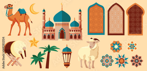 Set of ramadan ornament vector illustration assets specific to Islamic culture with vintage and calm colors, include camel, a goat, mosque, islamic pattern, and  bedug.