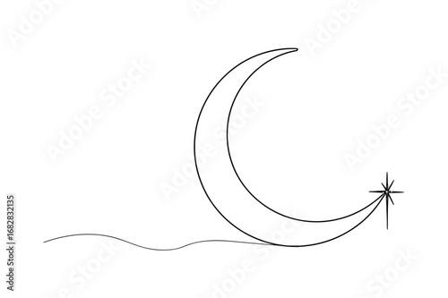 Continuous One Line Drawing of a vector illustration of a moon and stars