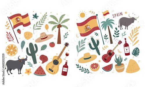 Spain Icons Set Flamenco, Guitar, Paella, Flag & Wine