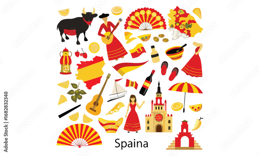 Fototapeta premium Spain Icons Set Flamenco, Guitar, Paella, Flag & Wine