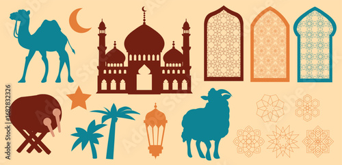 Set of Ramadan ornament vector silhouette illustration assets specific to Islamic culture with vintage and calm colors, include camel, a goat, mosque, islamic pattern, and  bedug.