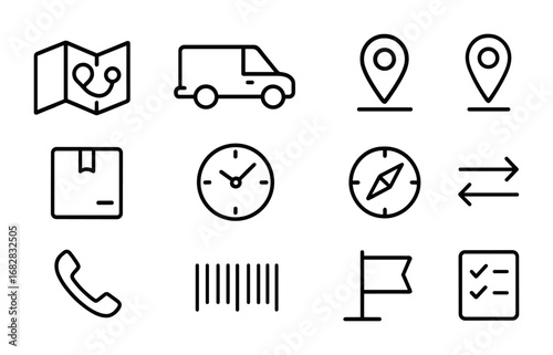 Courier Route Icons. Outline icon set of courier express route: map, delivery van, stop marker, location pin,