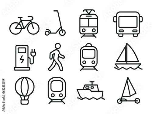 Eco Transport Icons. Outline icon set of eco-friendly transport: bicycle, electric scooter, tram icon, bus