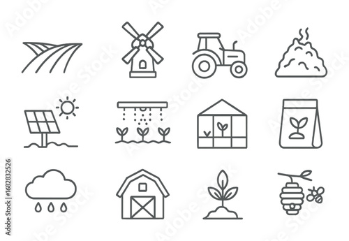 Sustainable Agriculture Icons. Outline icon set of sustainable agriculture: plowed field, windmill, tractor,