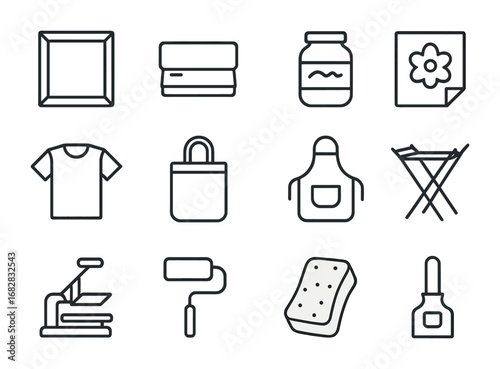 Textile Printing Tools. Outline icon set of textile printing: screen frame, squeegee, fabric ink jar, stencil,