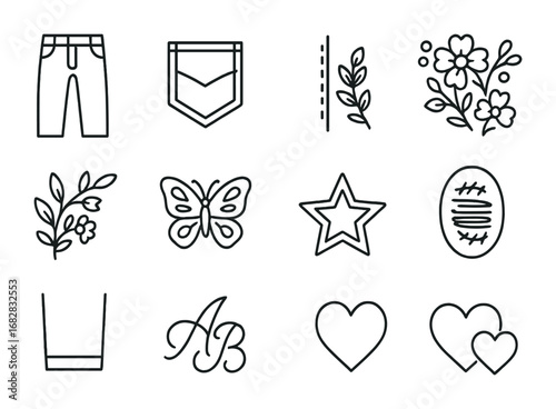 Embroidery Icon Set. Outline icon set of embroidery for denim jeans: denim pants, back pocket, side seam,