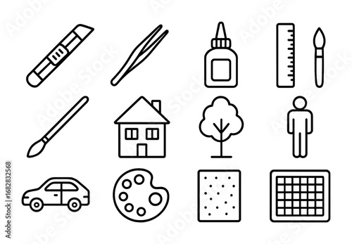 Miniature Model Icon Set. Outline icon set of miniature model making: cutting knife, tweezers, glue bottle,