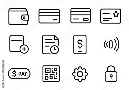 Digital Wallet Icons. Outline icon set of digital wallet features: wallet icon, credit card image, debit card