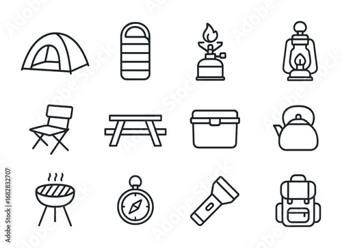 Coastal Camping Icons. Outline icon set of coastal camping: dome tent, sleeping bag, camp stove, lantern,