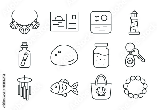 Coastal Souvenir Icons. Outline icon set of coastal souvenirs: shell necklace, postcard, magnet, miniature