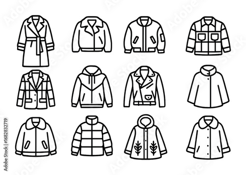 Bold Outerwear Icons. Outline icon set of bold outerwear: oversized trench coat, faux fur jacket, metallic