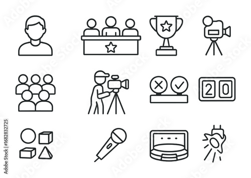 Reality Show Icons. Outline icon set of reality competition shows: contestant, judges panel, trophy, audience,
