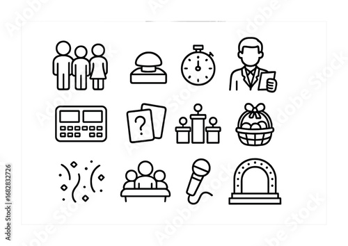 Family Game Show Icons. Outline icon set of family game shows: family team, buzzer, timer, host, scoreboard,