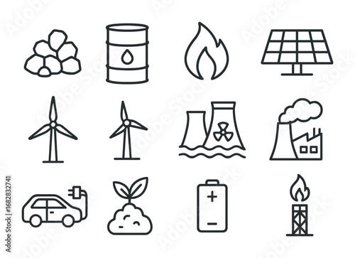 Energy Icons Grid. Outline icon set of energy sources and emissions: coal, oil barrel, natural gas, solar