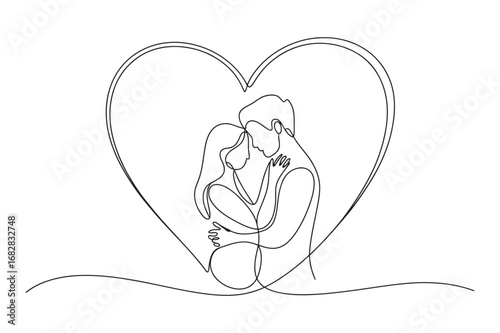 Continuous Line Couple Hug in Heart Illustration Minimal Romantic Drawing
