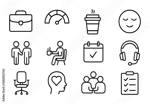 Workplace Mental Health Icons. Outline icon set of Mental health in workplace: briefcase, stress meter, coffee
