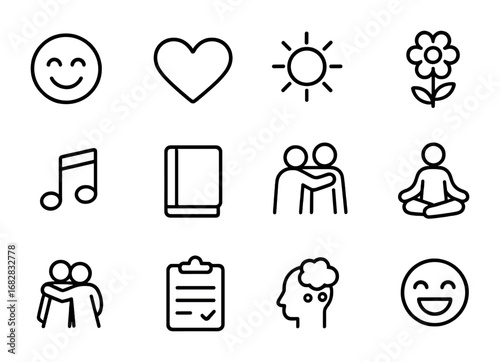 Emotional Wellbeing Icons. Outline icon set of Emotional wellbeing: smiling face, heart, sun, flower, music