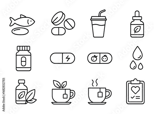 Dietary Supplement Icons. Outline icon set of Dietary supplements and wellness: fish oil, vitamin tablets,