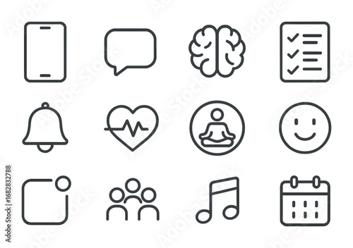 Mental Health App Icons. Outline icon set of Mental health apps and tools: smartphone, chat bubble, brain icon