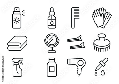 Scalp Care Icons. Outline icon set of Scalp treatment aftercare: sunscreen spray, moisturizing serum, comb,