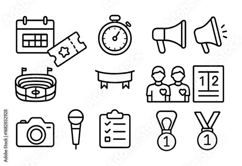 Sports Event Icons. Outline icon set of Sports event organization: calendar, ticket, stopwatch, megaphone,