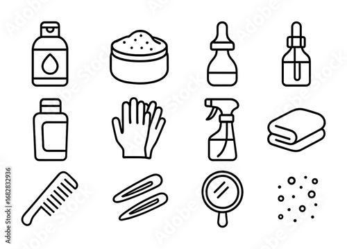 Anti-Dandruff Icon Set. Outline icon set of Anti-dandruff scalp treatment: medicated shampoo, scalp scrub,