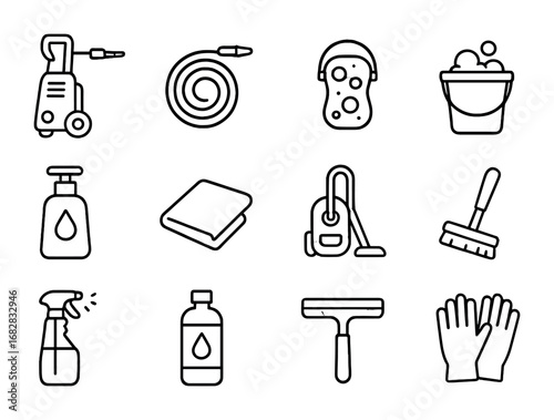 Car Wash Icons. Outline icon set of Car wash equipment: pressure washer, hose, sponge, bucket, soap dispenser,