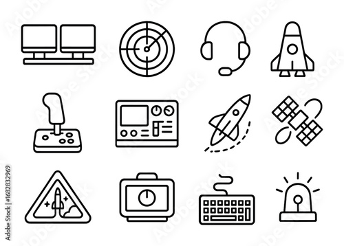 Space Control Icons. Outline icon set of space agency control room: monitors, radar, communication headset,