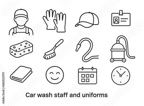 Car Wash Icon Set. Outline icon set of Car wash staff and uniforms: uniform, gloves, cap, name tag, sponge,