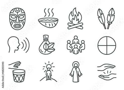 Indigenous Healing Icons. Outline icon set of indigenous healing rituals: tribal mask, smoke cleansing, sacred