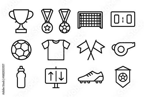 Soccer Essentials Icons Grid. Outline icon set of soccer tournament essentials: trophy, medals, goal net,
