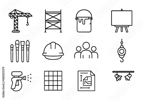 Art Project Icons. Outline icon set of large-scale art projects: crane, scaffold, paint bucket, large canvas,