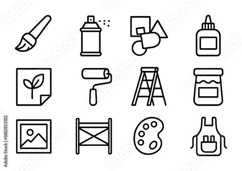 Mural Art Tools Grid. Outline icon set of mixed media mural art: paintbrush, spray paint, collage elements,