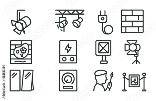 Mural Lighting Icons. Outline icon set of mural lighting and presentation: spotlight, lighting rig, power