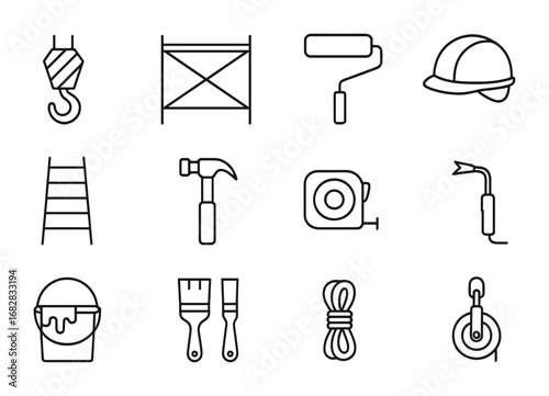 Art Installation Tools. Outline icon set of large-scale art installation tools: crane hook, scaffolding, paint