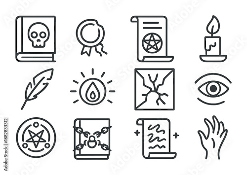 Forbidden Knowledge Icons. Outline icon set of forbidden knowledge: ancient tome, broken seal, arcane scroll,