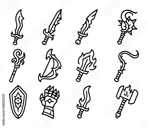 Eldritch Weapon Icons. Outline icon set of eldritch horror weapons: cursed sword, jagged spear, bone dagger,