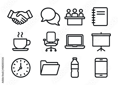 Legal Office Icons. Outline icon set of client meetings in legal offices: handshake, speech bubbles,