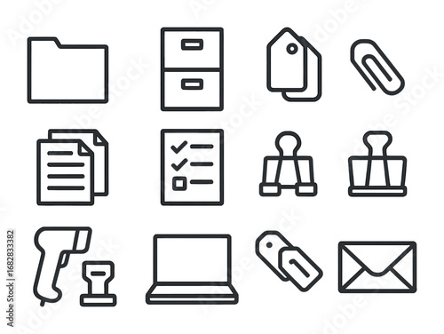 Case File Icons. Outline icon set of case file management: folders, file cabinet, tags, document stack,