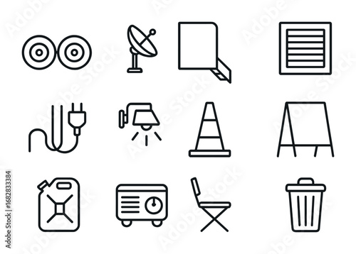 Portable Office Icons. Outline icon set of portable office trailer exterior: trailer wheels, satellite antenna