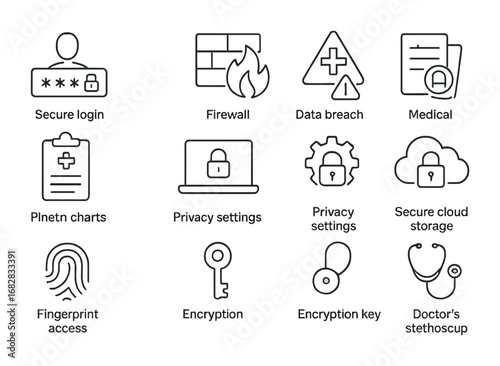 Health Security Icons Grid. Outline icon set of health information security: secure login, firewall, data