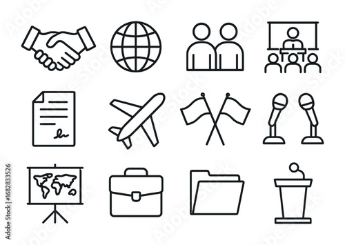 International Trade Icons. Outline icon set of multinational trade discussions: handshake, globe, delegates,