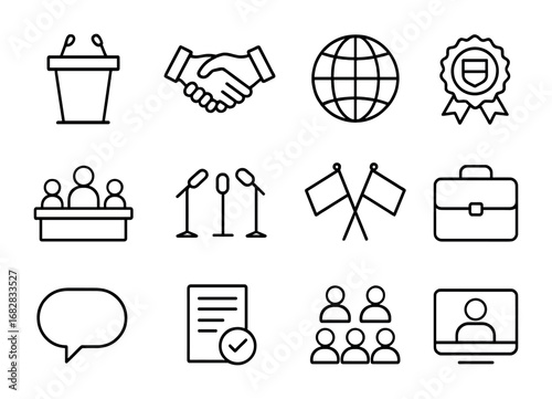 Diplomatic Icons Set. Outline icon set of diplomatic summits: podium, handshake, globe, official seal,